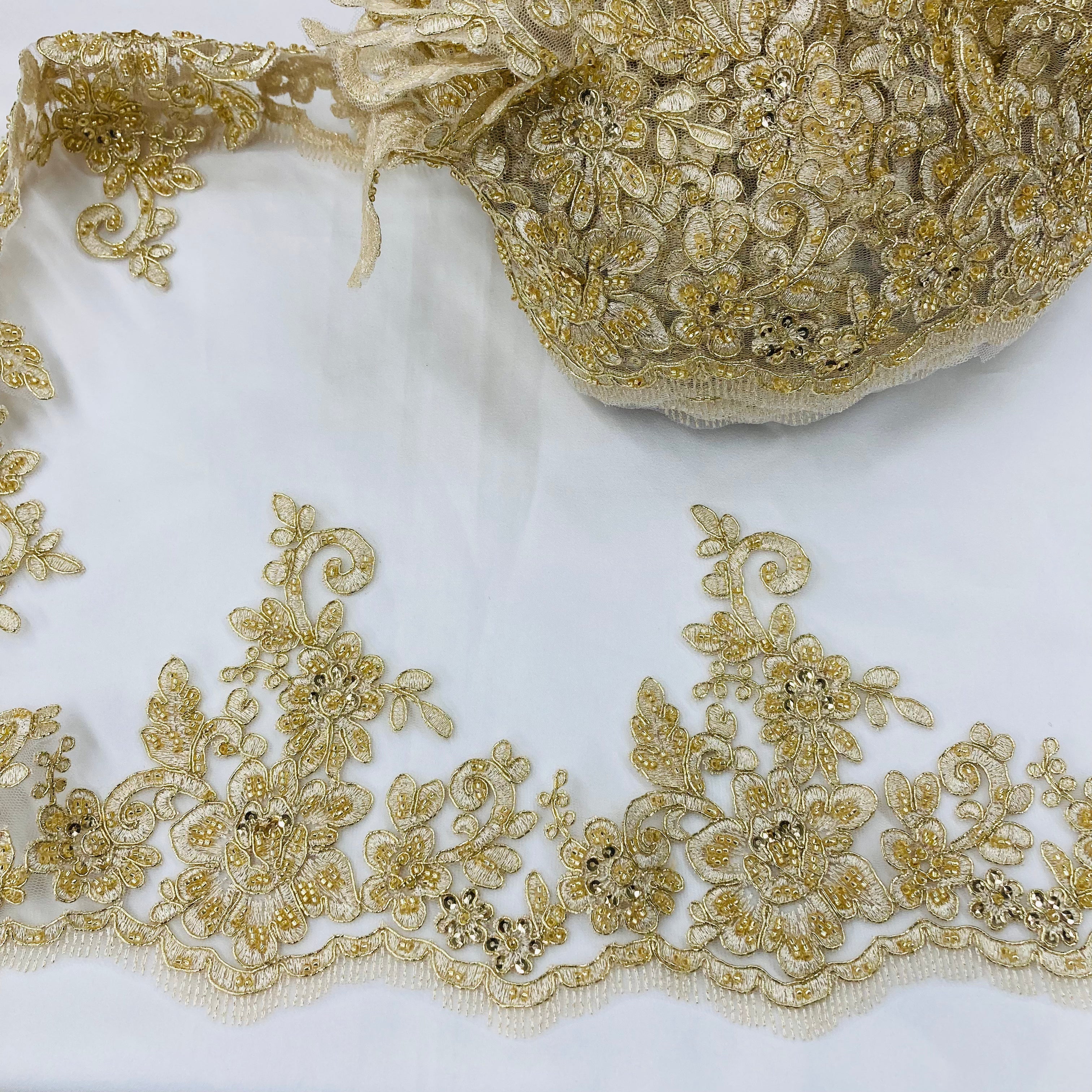 Beaded & Corded Floral Lace Trimming Embroidered on 100% Polyester Net Mesh | Lace USA - 96441W-HB