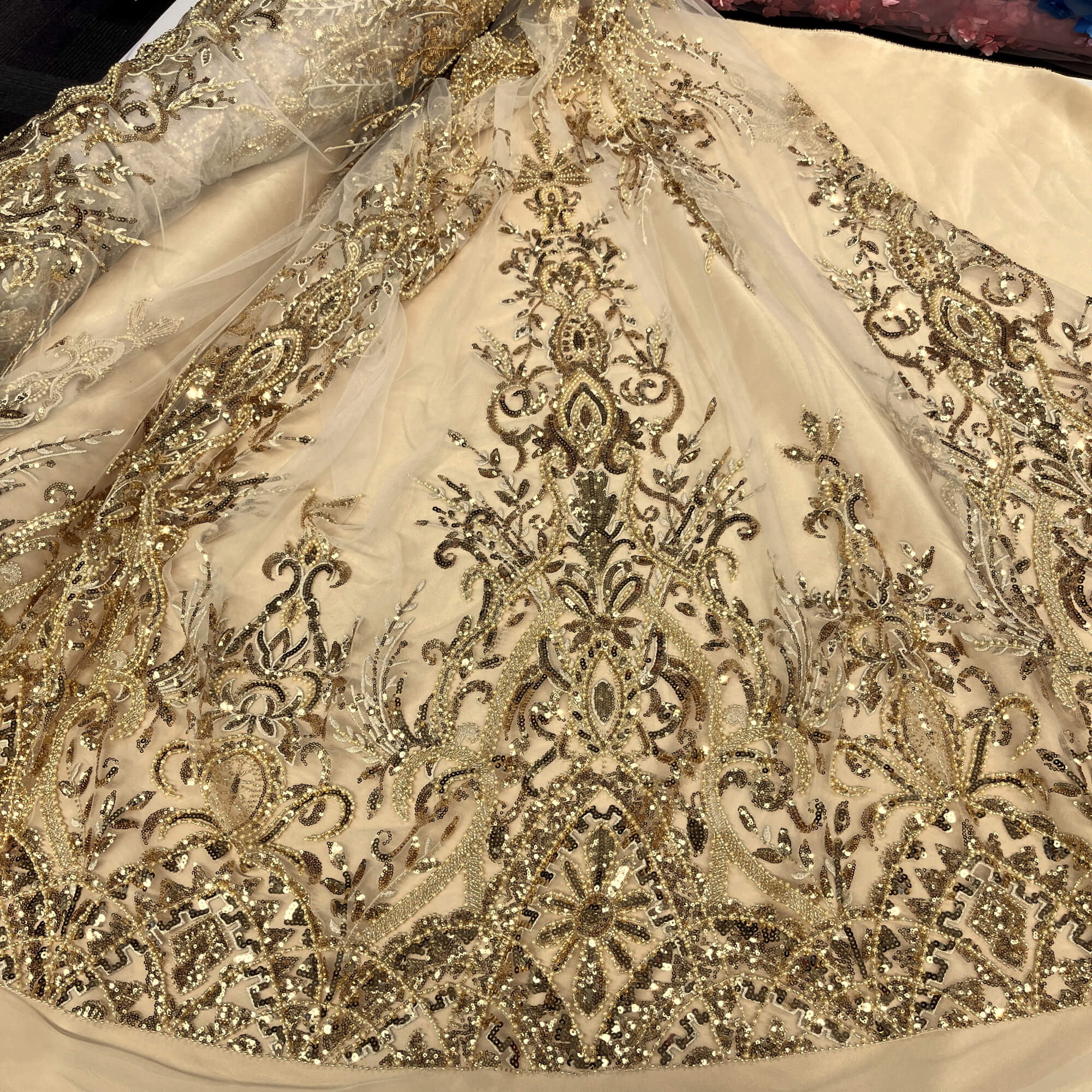 Beaded Lace Fabric Embroidered on 100% Polyester Net Mesh | Lace USA - GD-210906