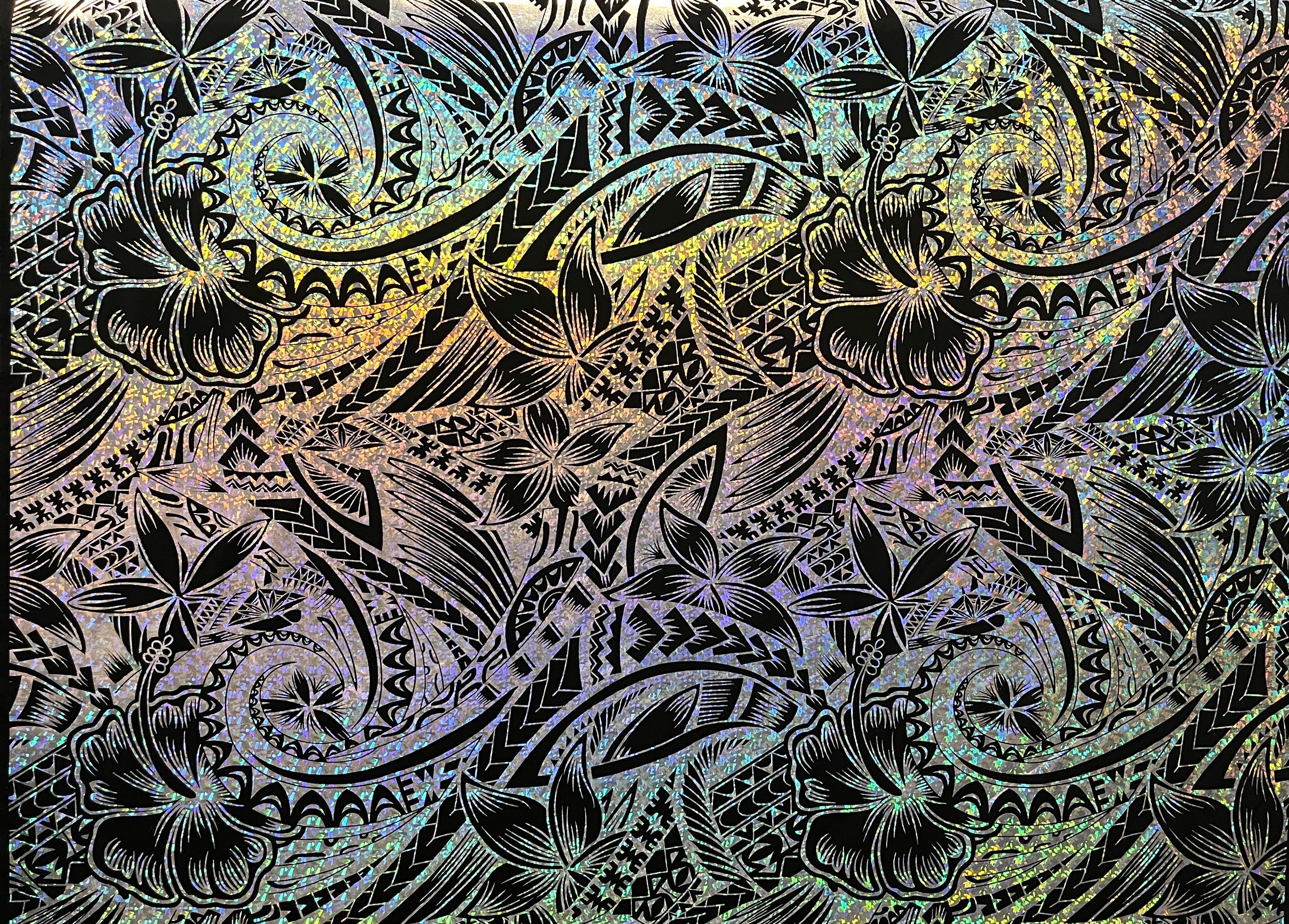 Hibiscus Plumeria Polynesian Tattoo Polyester Foil Fabric | Islands Fabric