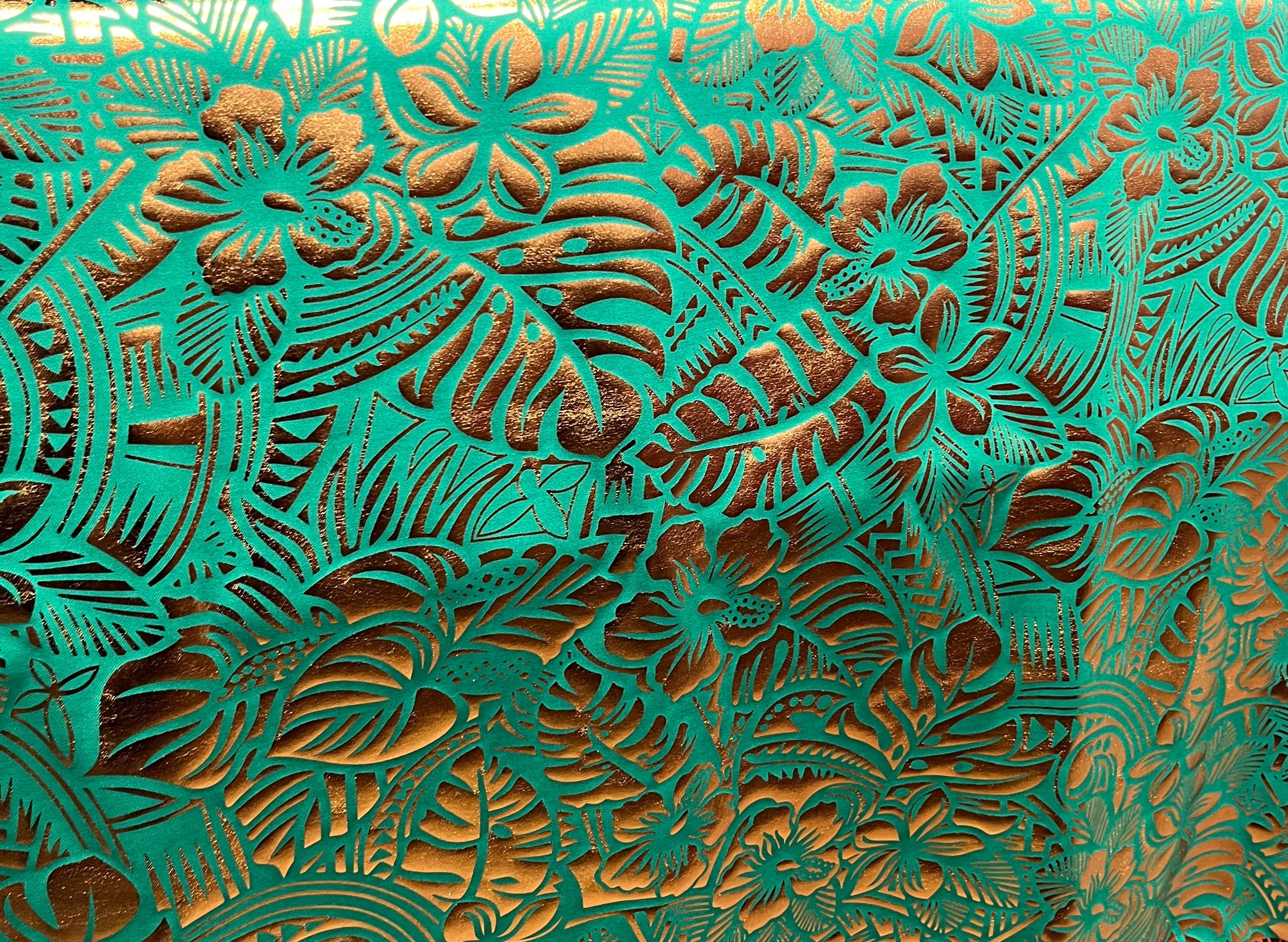 Hibiscus Plumeria Tiare Monstera,Musa Acuminata, Anthurium leaves Printed Polyester Foil Fabric  | Islands Fabric