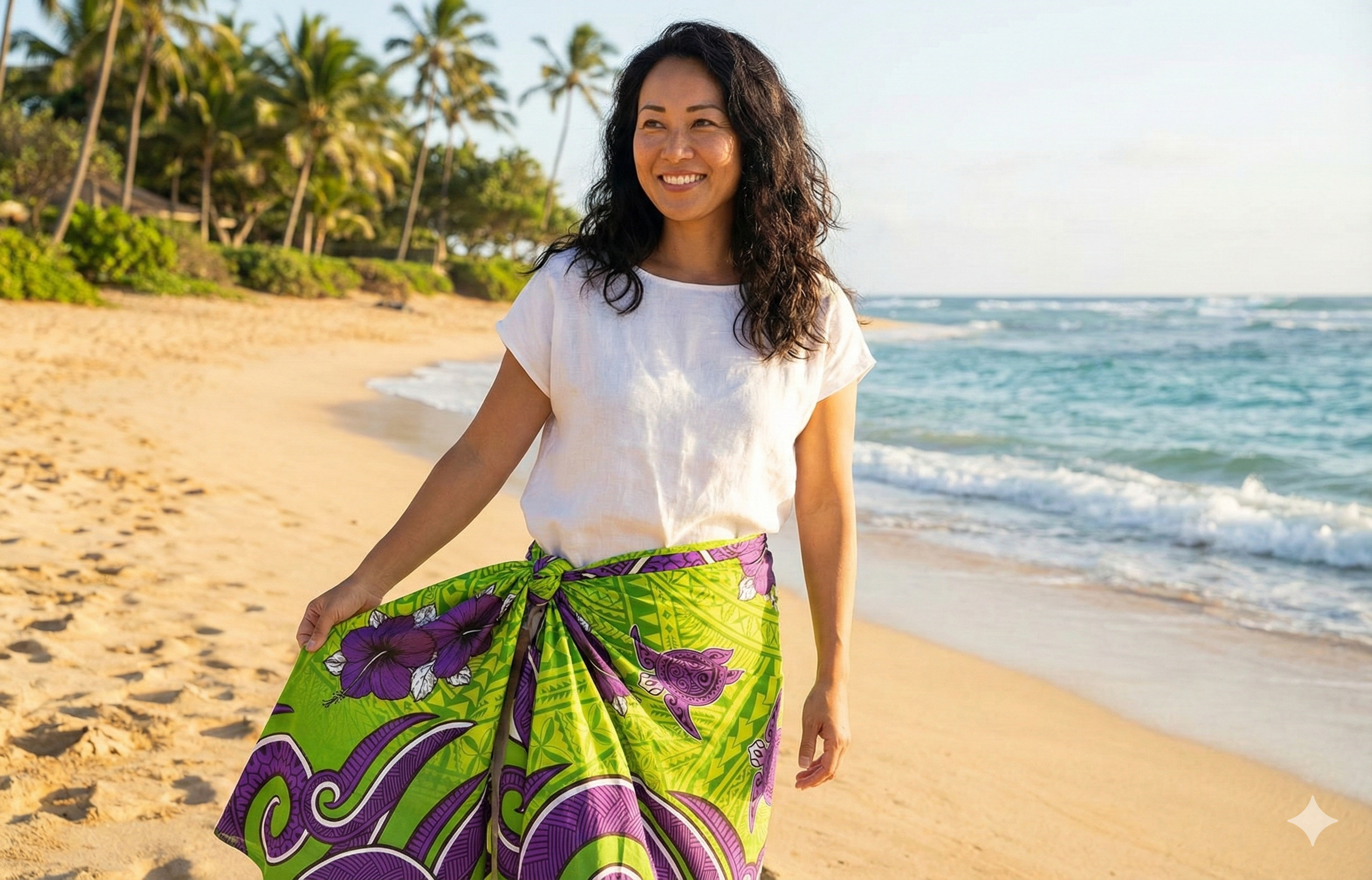 Hibiscus Turtles Waves Polyester Sarong | Islands Fabric