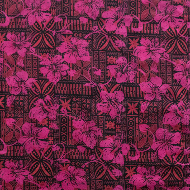 Hibiscus on Traditional Tapa design Polyester Fabric | Islands Fabric