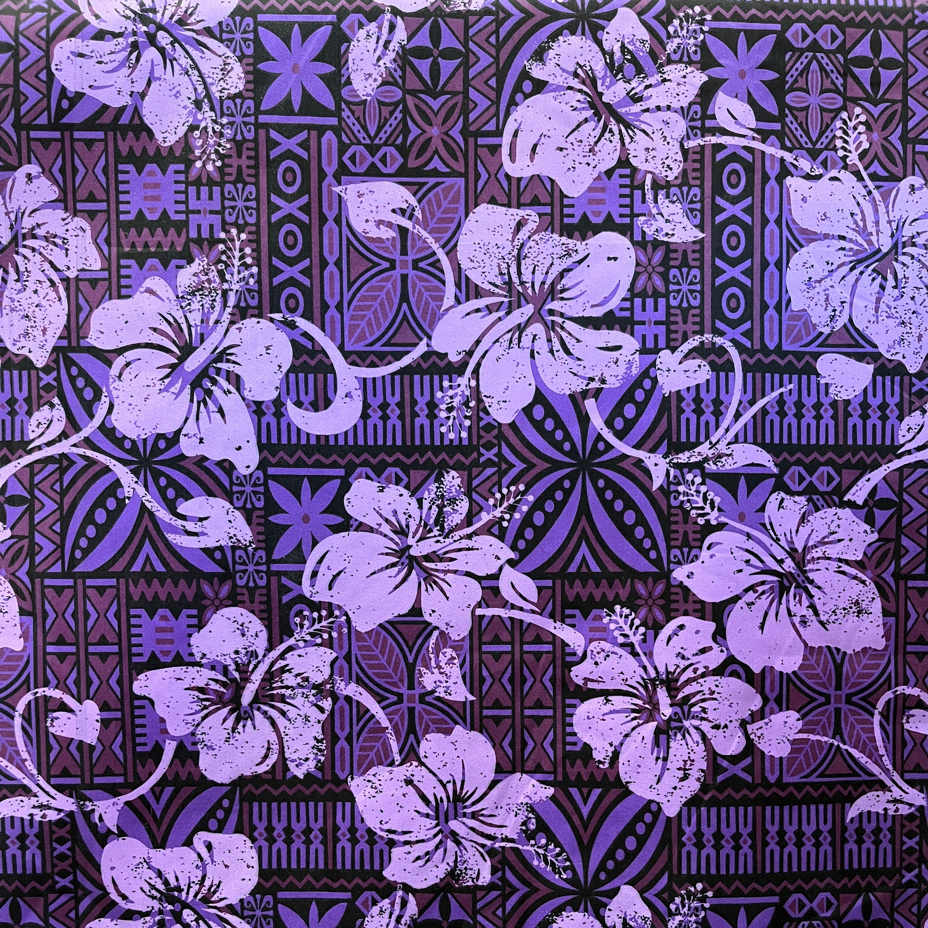 Hibiscus on Traditional Tapa Design Polyester Fabric | Islands Fabric
