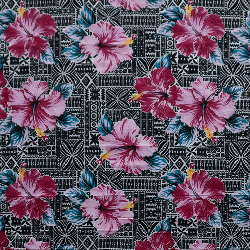 Hibiscus Flowers on traditional Tapa Polyester Fabric | Islands Fabric