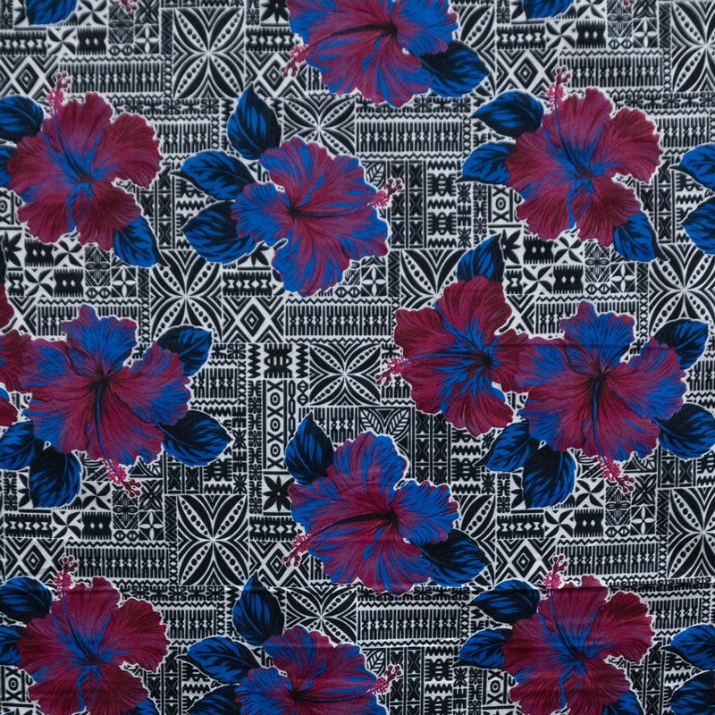 Hibiscus Flowers on traditional Tapa Polyester Fabric | Islands Fabric