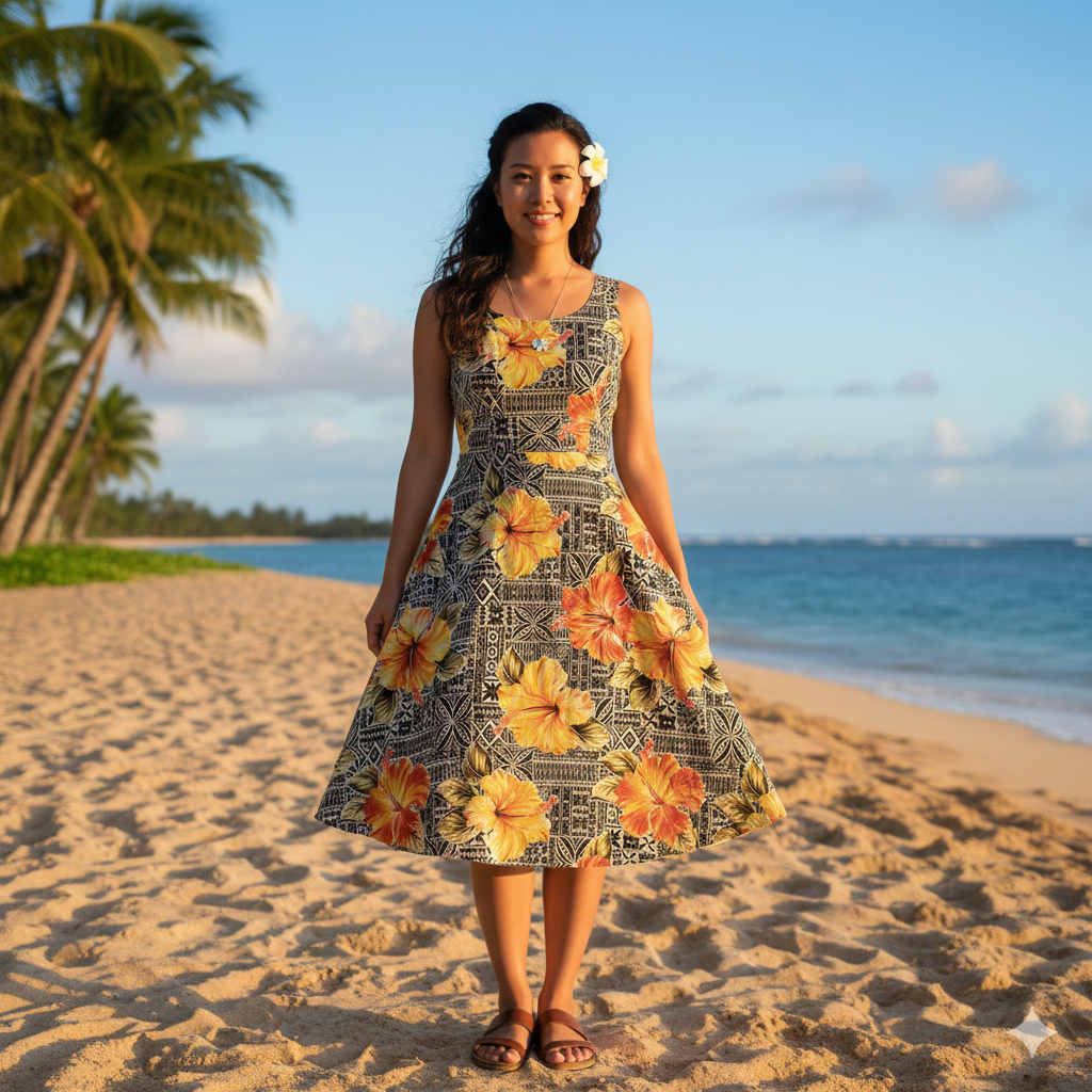 Hibiscus Flowers on traditional Tapa Polyester Fabric | Islands Fabric
