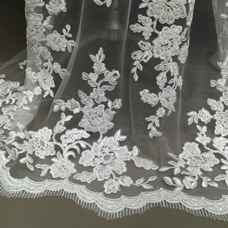 Beaded & Corded Bridal Lace Fabric Embroidered on 100% Polyester Net Mesh | Lace USA - 97145W-HB