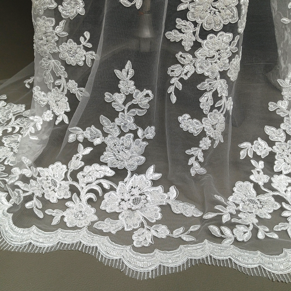 Beaded & Corded Bridal Lace Fabric Embroidered on 100% Polyester Net Mesh | Lace USA - 97145W-HB