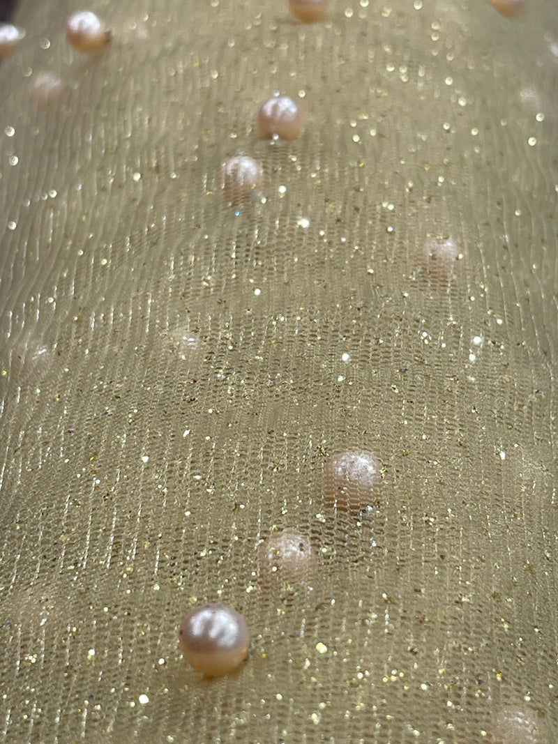 Glitter Mesh Fabric with Scattered Pearls 2-Way Stretch | Lace USA -  Net Pearls