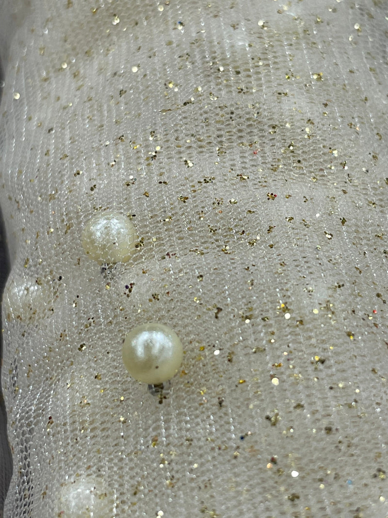 Glitter Mesh Fabric with Scattered Pearls 2-Way Stretch | Lace USA -  Net Pearls