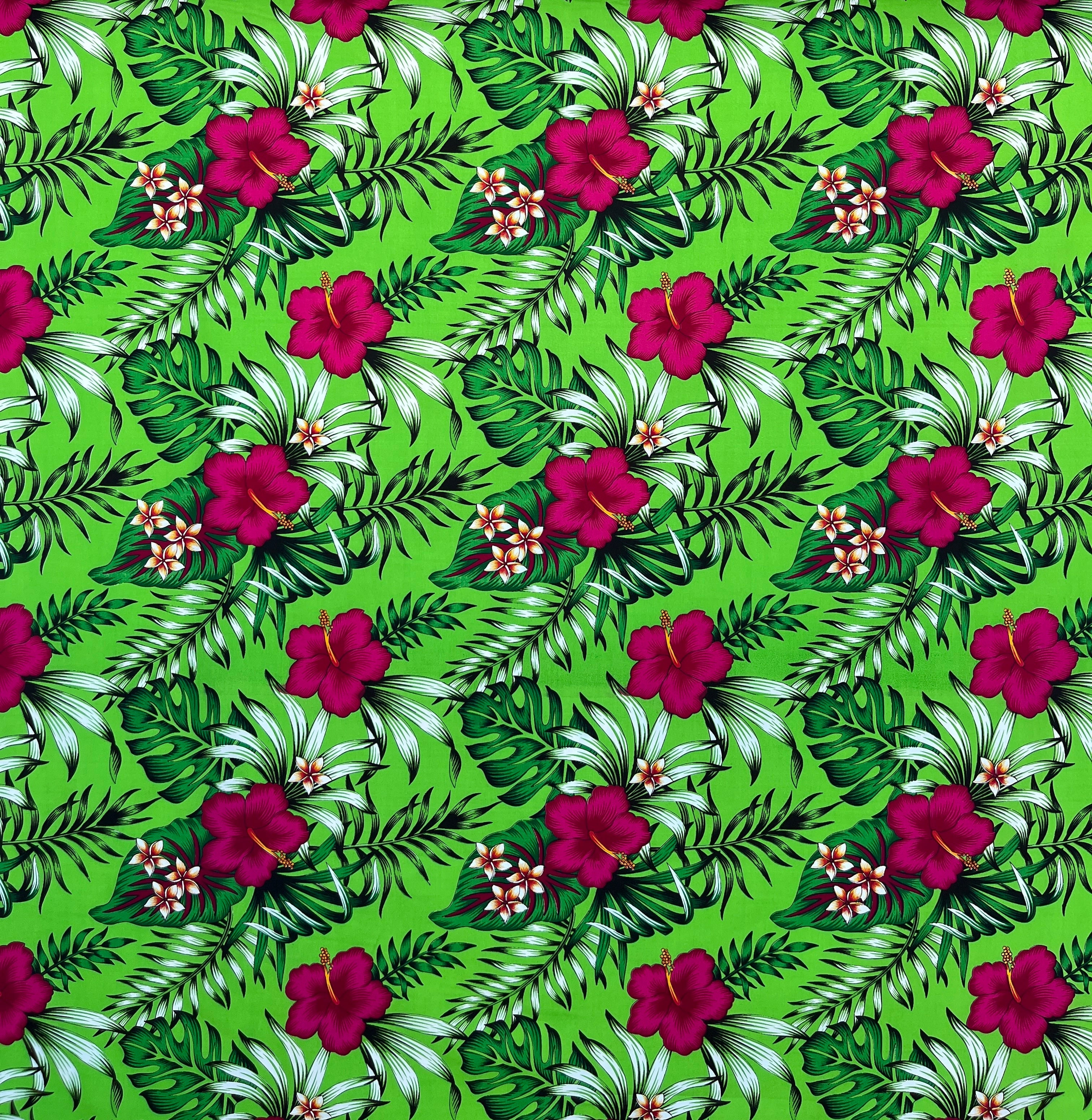 Hibiscus Plumeria Tropical Leaves All Over Design Cotton Fabric | Islands Fabric