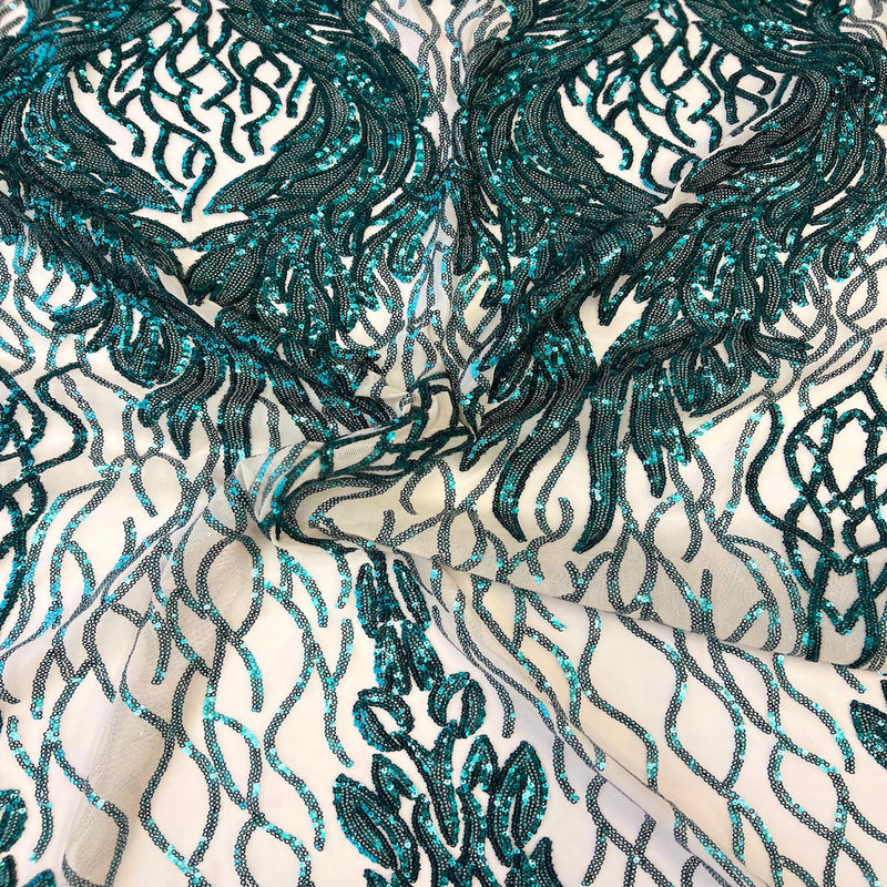 Teal Green Lioness Stretch Sequins Lace Fabric