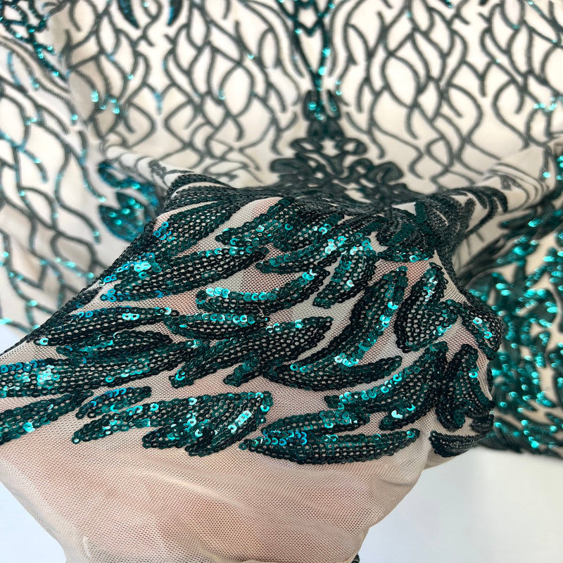 Teal Green Lioness Stretch Sequins Lace Fabric