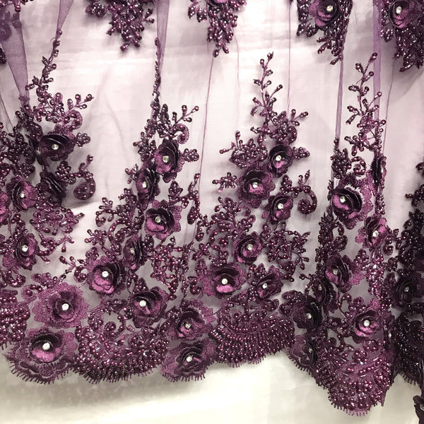 Beaded & Rhinestone 3D Floral Lace Fabric Embroidered on 100% Polyester Net Mesh | Lace USA - GD-14