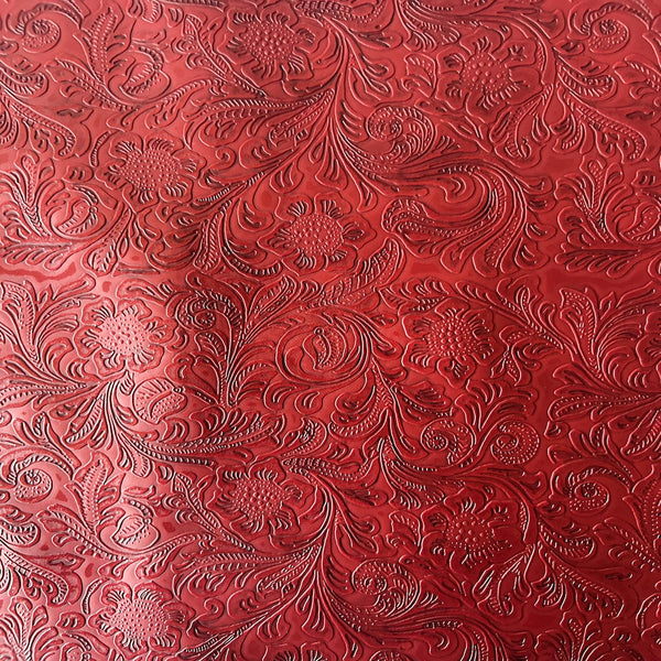 Red Western Floral PU Faux Leather Vinyl Fabric