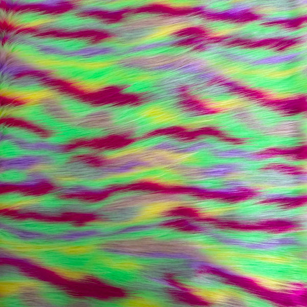 Neon Green Multicolor Ysidro Long Pile Faux Fur Fabric