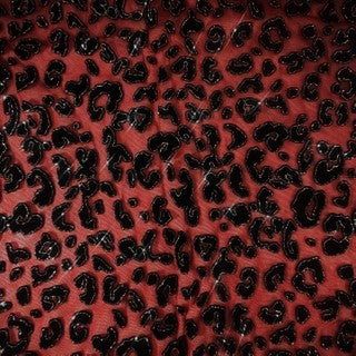 Leopard Flocking Stretch Power Mesh Fabric | 55" Cuttable | Spandex Palace Red