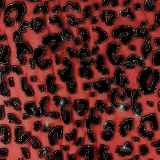 Leopard Flocking Stretch Power Mesh Fabric | 55" Cuttable | Spandex Palace Red