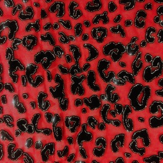 Leopard Flocking Stretch Power Mesh Fabric | 55" Cuttable | Spandex Palace Red
