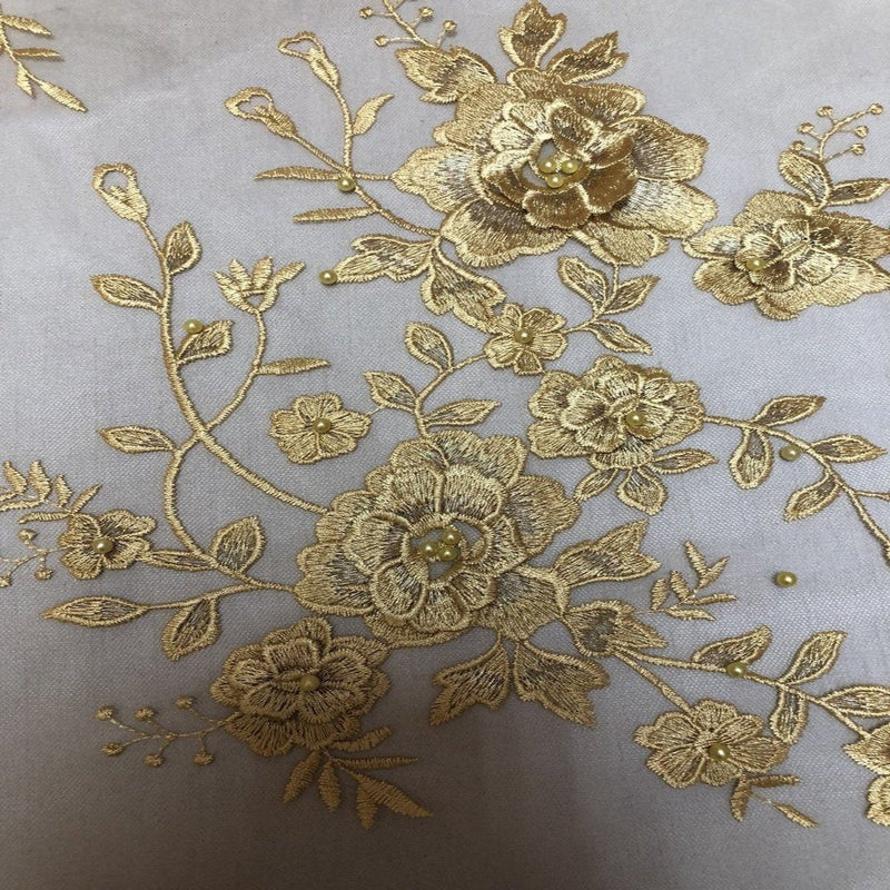 Gold Rouley 3D Pearl Floral Embroidered Lace Fabric