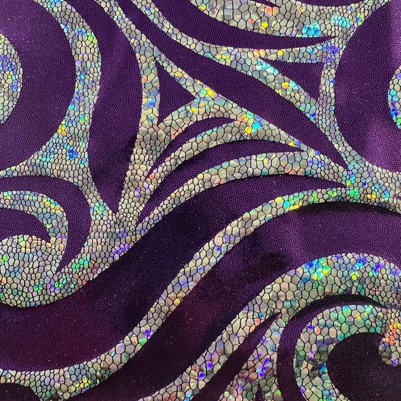 Elegant Paisley Foggy Foil: Nylon Spandex Fabric with Hologram Accents for Distinctive Style! | Spandex Palace Eggplant Silver