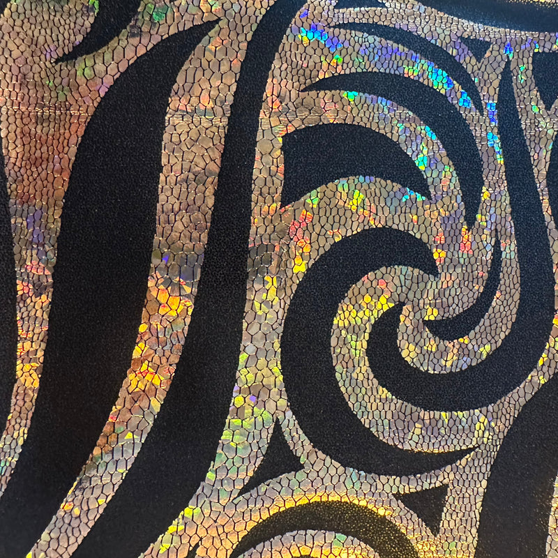 Elegant Paisley Foggy Foil: Nylon Spandex Fabric with Hologram Accents for Distinctive Style! | Spandex Palace Black Gold