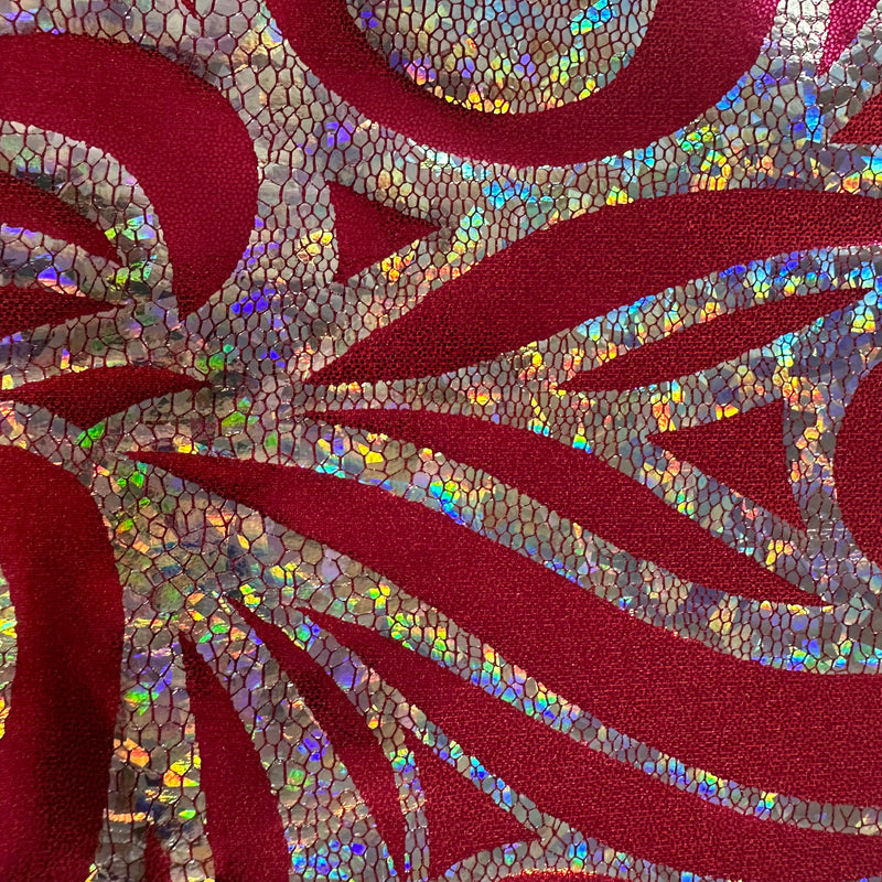 Elegant Paisley Foggy Foil: Nylon Spandex Fabric with Hologram Accents for Distinctive Style! | Spandex Palace Red Fuchsia Silver