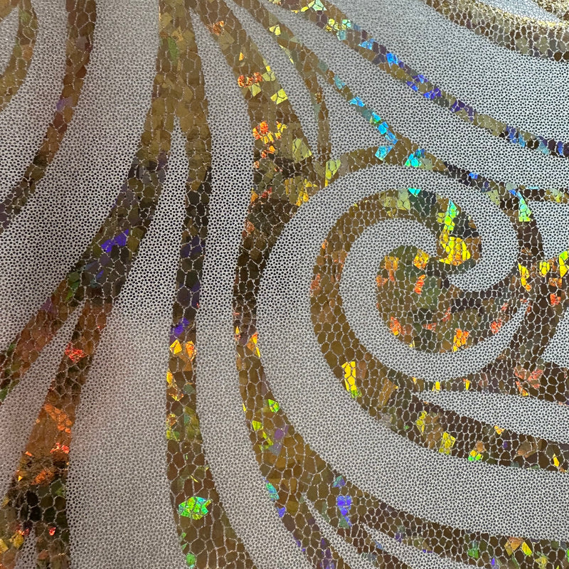 Elegant Paisley Foggy Foil: Nylon Spandex Fabric with Hologram Accents for Distinctive Style! | Spandex Palace White Gold