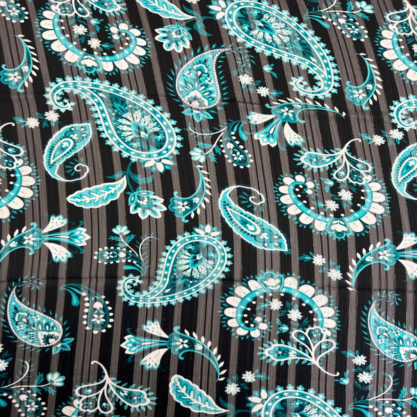 Aqua Blue Paisley Print Metallic Stripe Chiffon Fabric