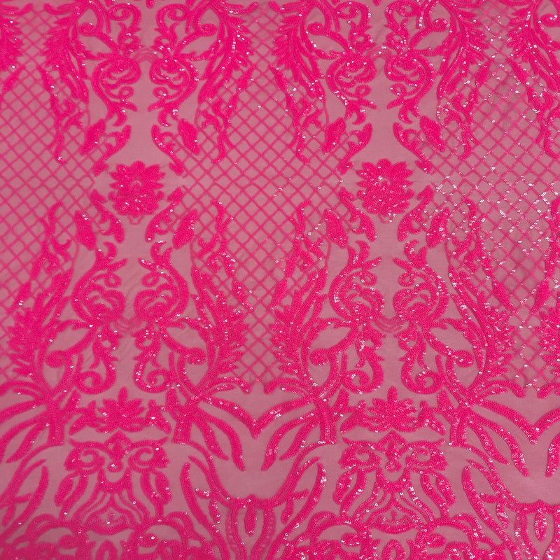 Neon Pink Luna Stretch Sequins Lace Fabric