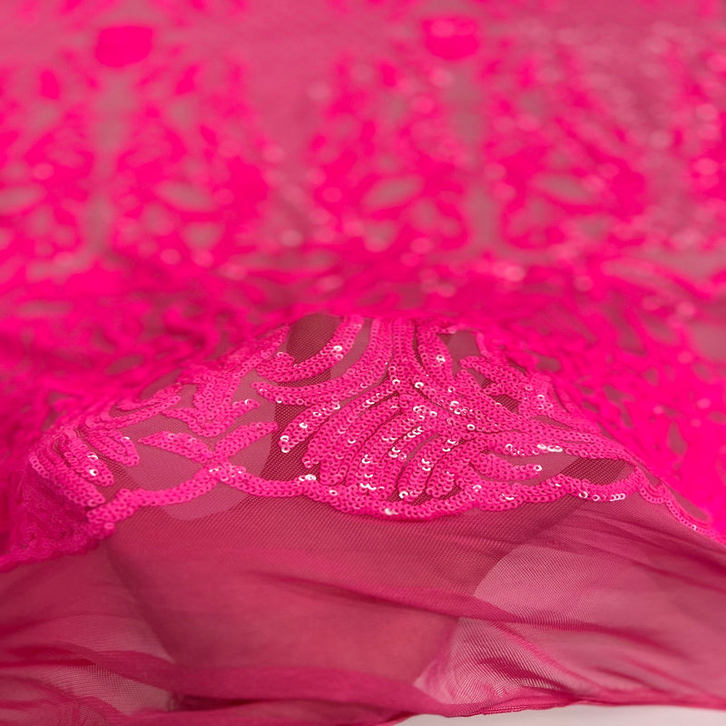 Neon Pink Luna Stretch Sequins Lace Fabric