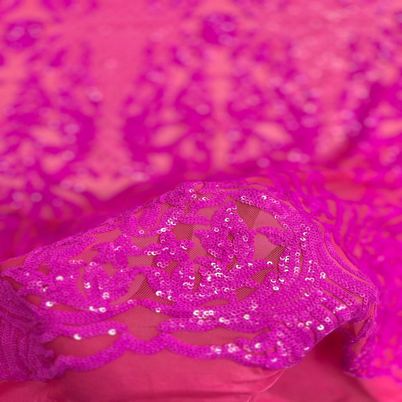 Magenta Pink Luna Stretch Sequins Lace Fabric