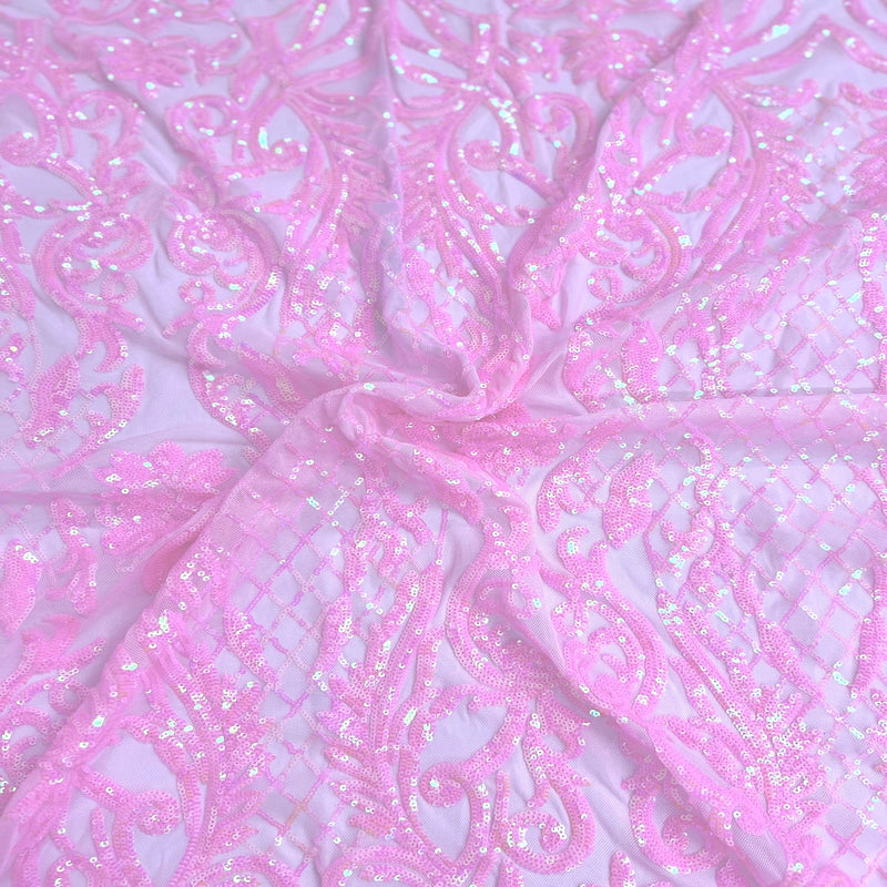 Baby Pink Iridescent Luna Stretch Sequins Lace Fabric