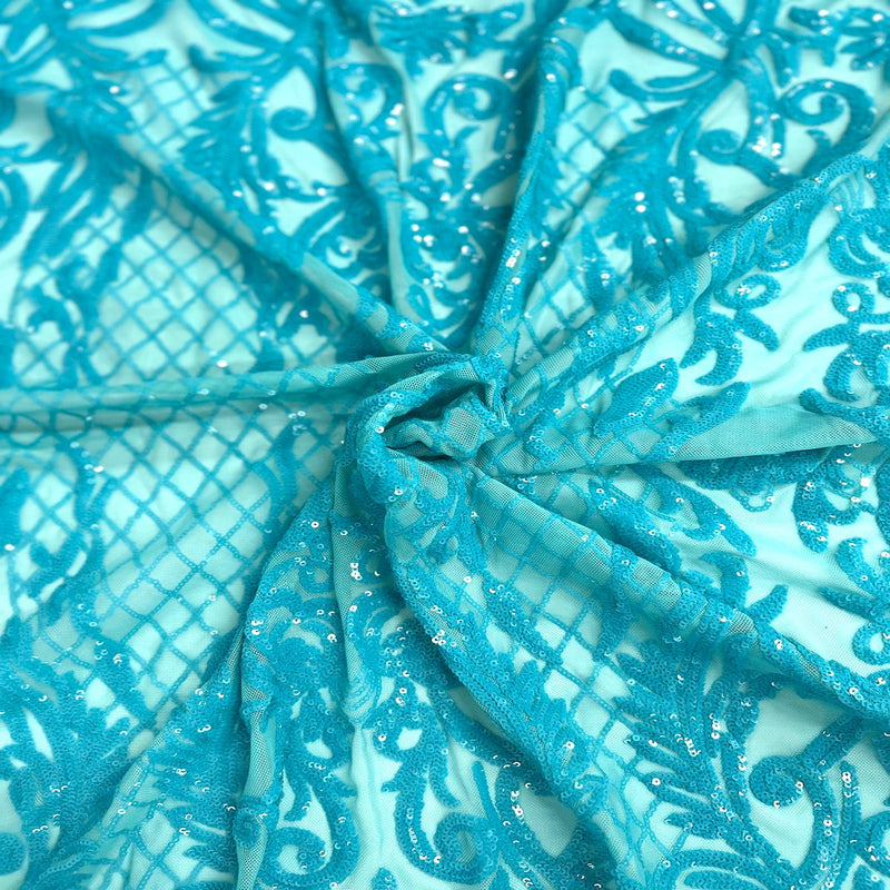 Aqua Blue Iridescent Luna Stretch Sequins Lace Fabric