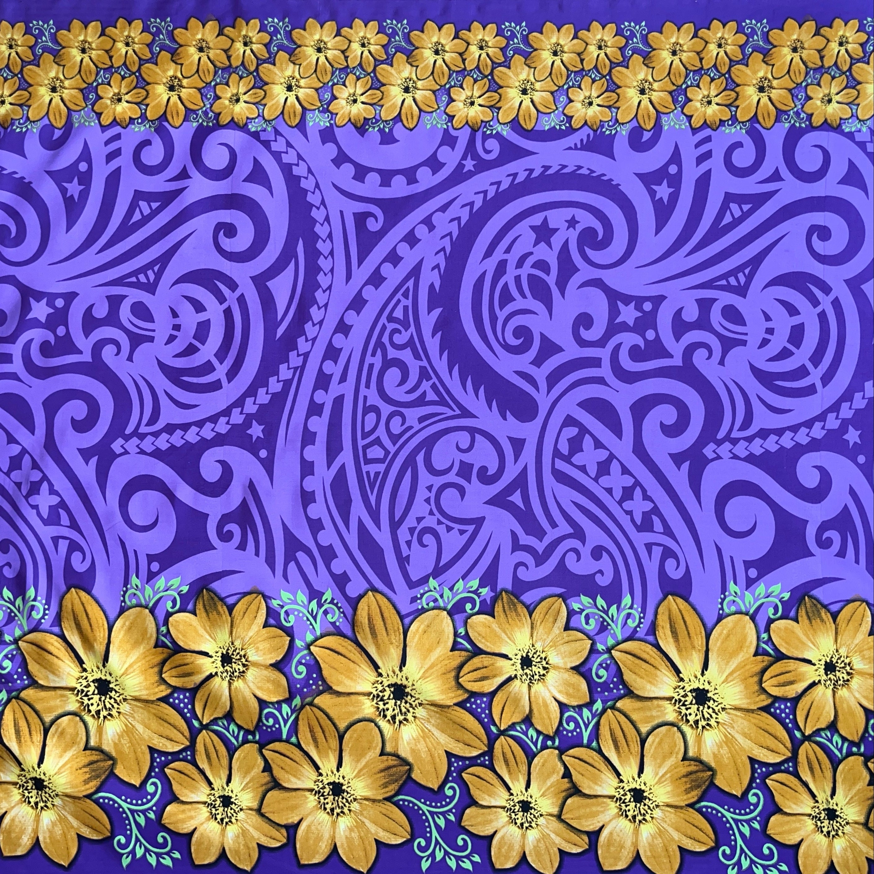Traditional Polynesian Tattoo Daisy Double Border Polyester Fabric | Islands Fabric