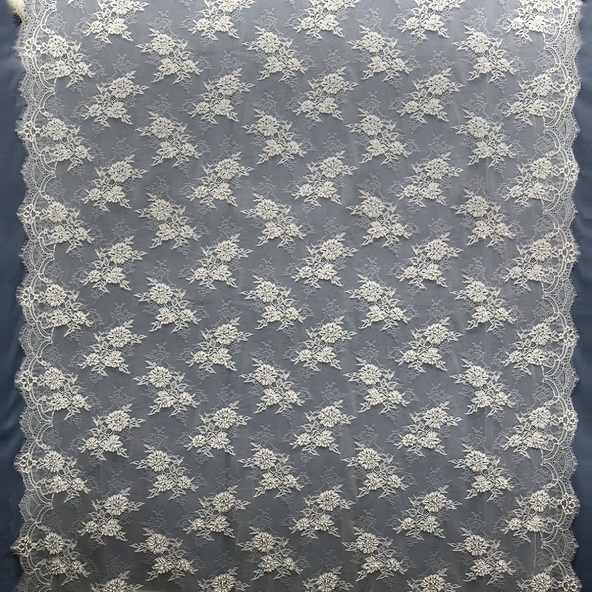 Beaded Chantilly Embroidered Lace Fabric with Eyelash Scallop - 3 Yards | Lace USA - 68136W-BP