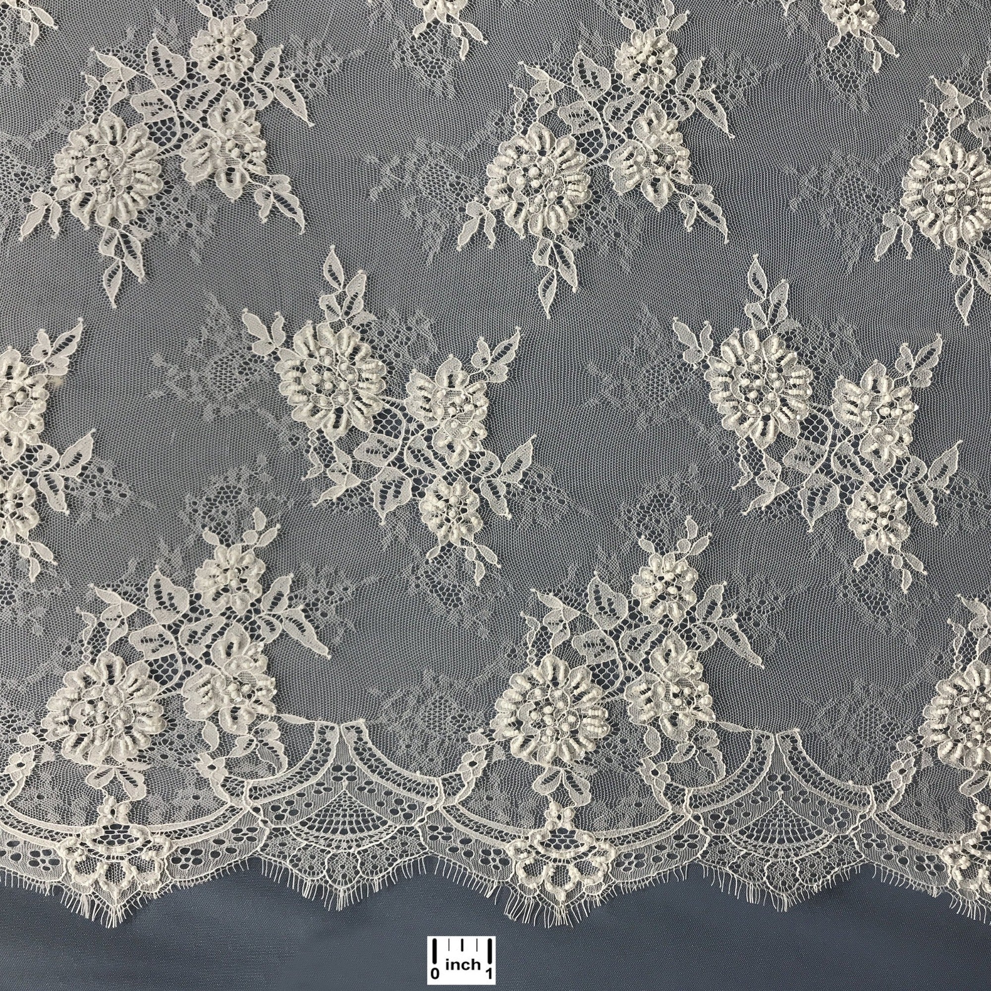 Beaded Chantilly Embroidered Lace Fabric with Eyelash Scallop - 3 Yards | Lace USA - 68136W-BP