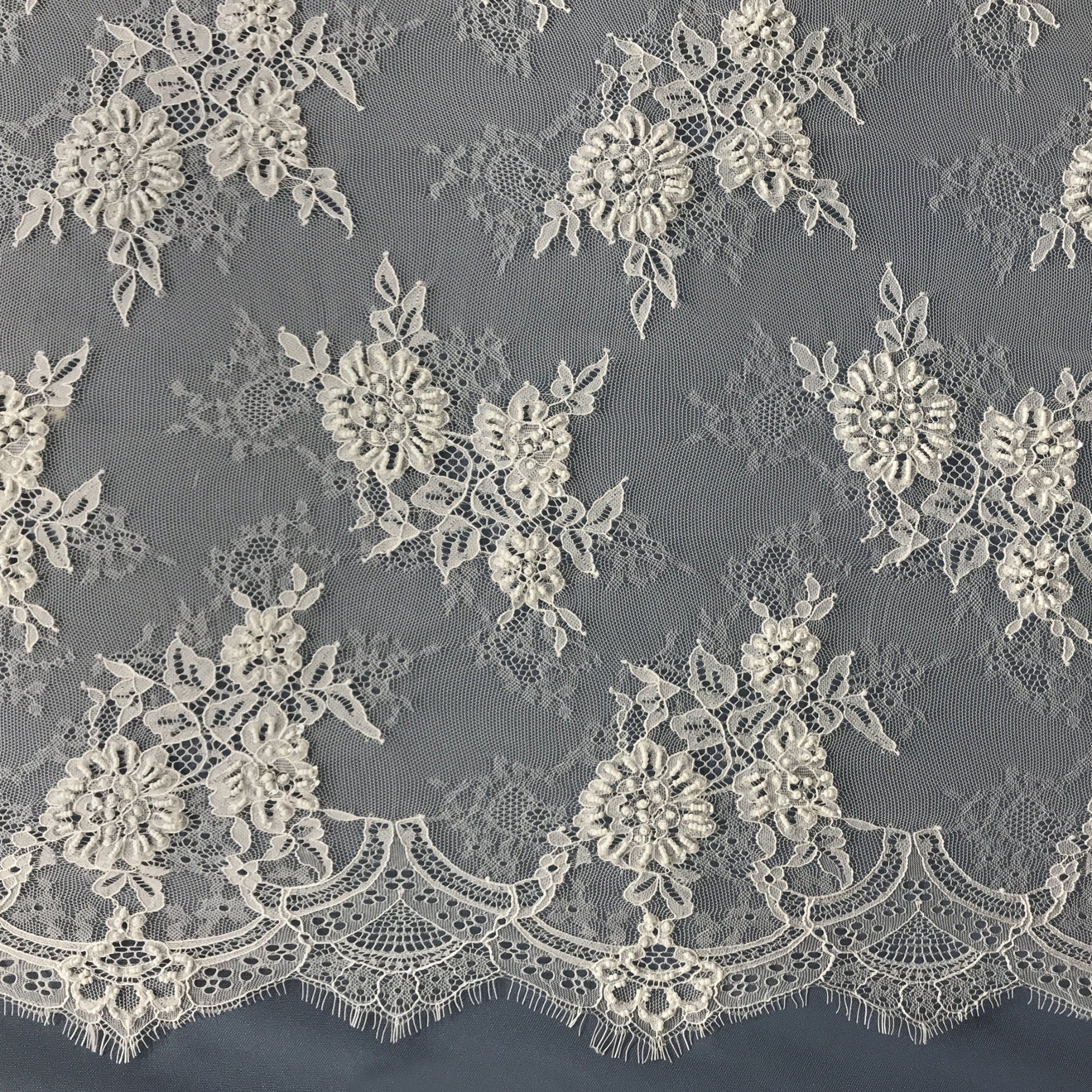 Beaded Chantilly Embroidered Lace Fabric with Eyelash Scallop - 3 Yards | Lace USA - 68136W-BP