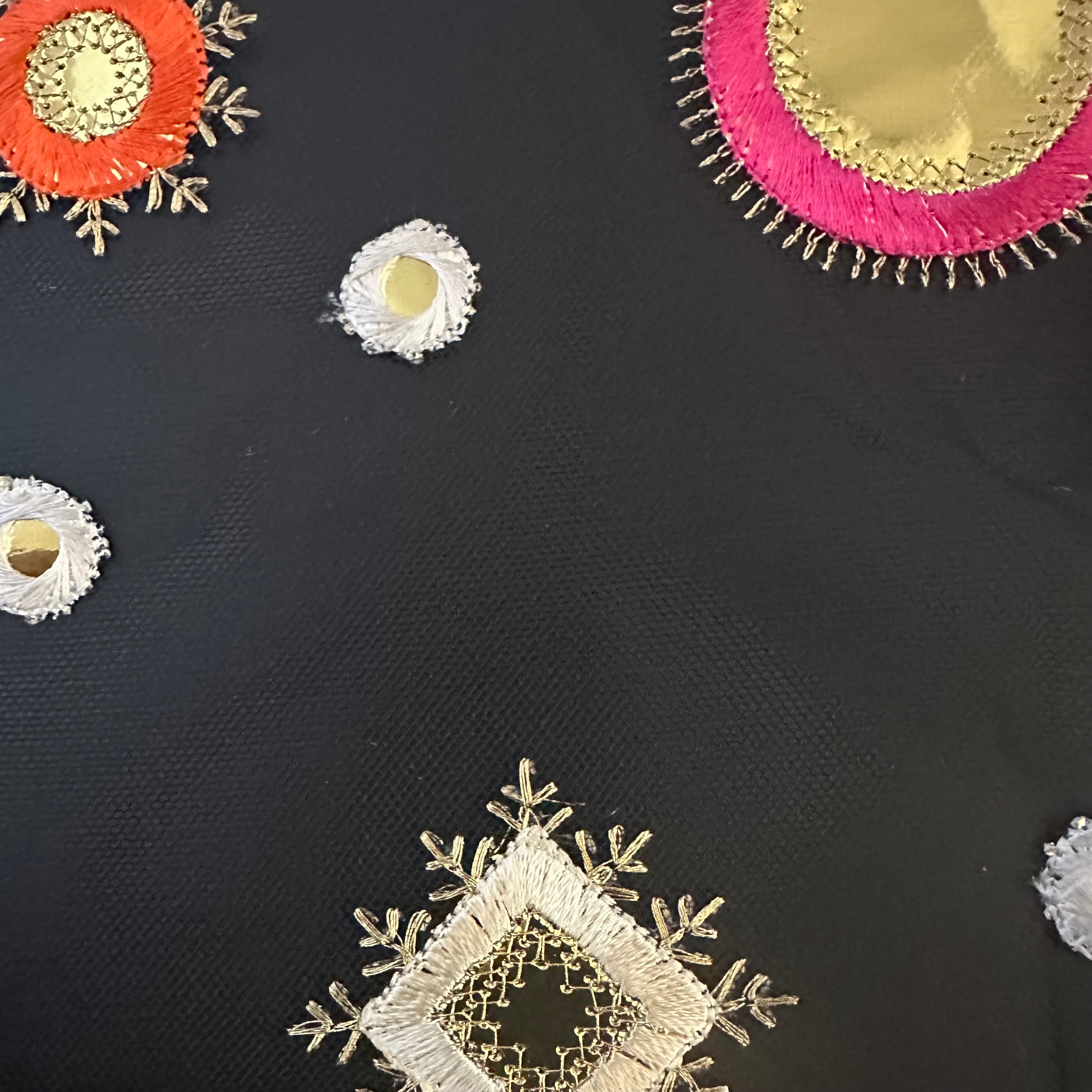Polyester tulle with Cluster Design Metallic Embroidery | Spandex palace Black base