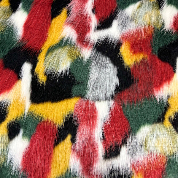 Green | Red | White | Yellow Multicolor Patchwork Faux Fur Fabric