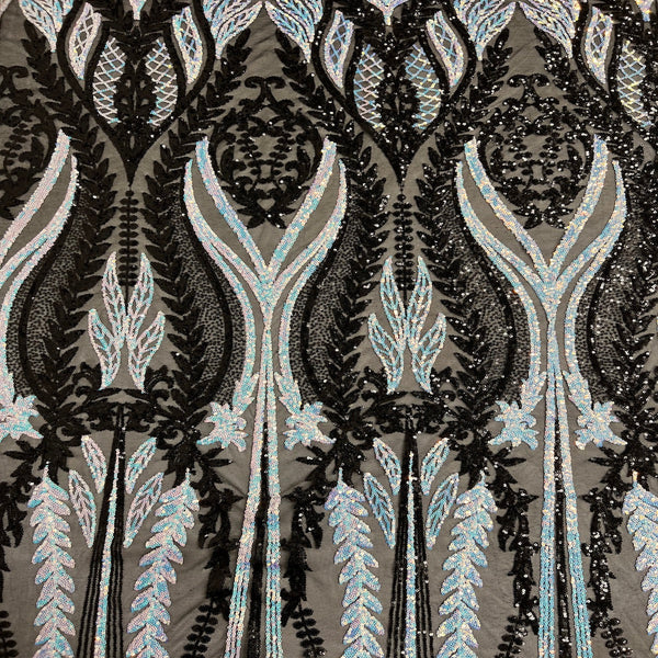 Pearl Blue Iridescent | Black Alina Damask Sequins Lace Fabric