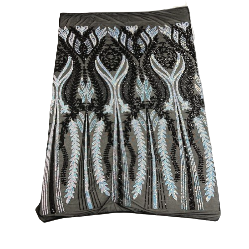 Pearl Blue Iridescent | Black Alina Damask Sequins Lace Fabric