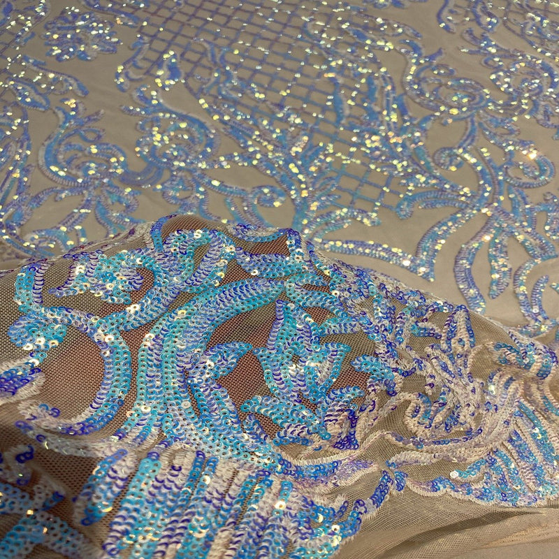 Pearl Blue Iridescent Luna Stretch Sequins Lace Fabric