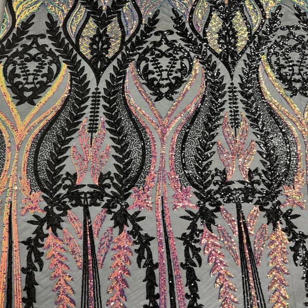 Rainbow Iridescent | Black Alina Damask Sequins Lace Fabric