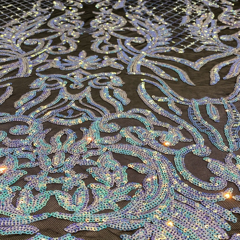 Pearl Blue Black Mesh Iridescent Luna Stretch Sequins Lace Fabric