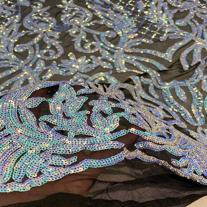 Pearl Blue Black Mesh Iridescent Luna Stretch Sequins Lace Fabric