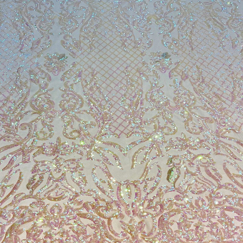 White Iridescent Luna Stretch Sequins Lace Fabric