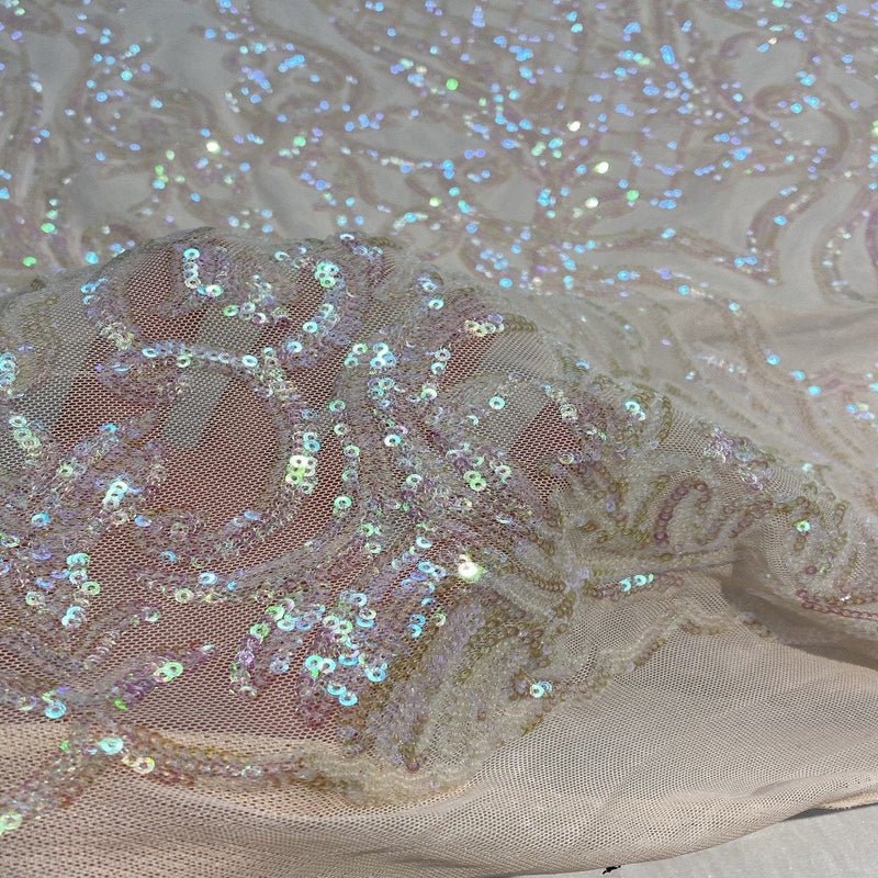 White Iridescent Luna Stretch Sequins Lace Fabric