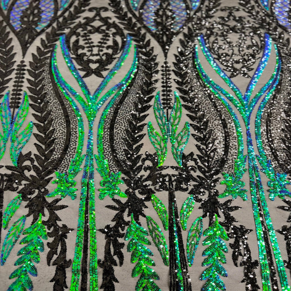 Green Iridescent | Black Alina Damask Sequins Lace Fabric