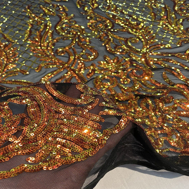 Orange Iridescent Black Mesh Luna Stretch Sequins Lace Fabric